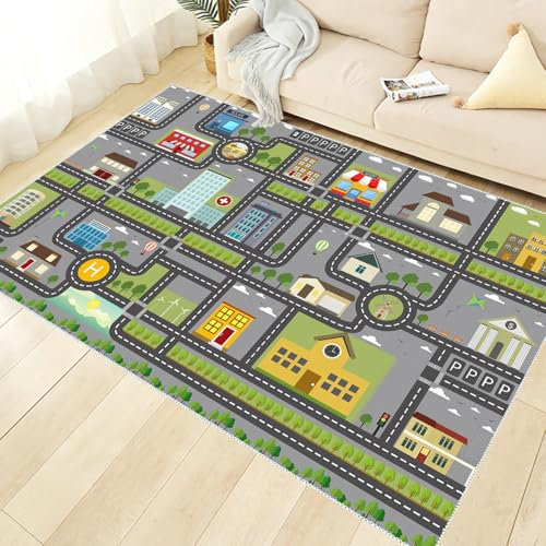 VHCLYBJU Teppich Kinderzimmer,Kinder Spielteppich Straße, Kinderteppich, Spielteppich Straße Jungen & Mädchen, Teppiche für Babyzimmer, Schlafzimmer & Spielzimmer, Autoteppich, Straßenteppich