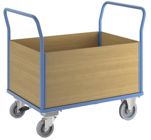 eurokraft | Plattformwagen mit Holzwänden | mit 4 hohen Wänden | Zentralstopp | LxB 1300 x 800 mm | Vollelastik