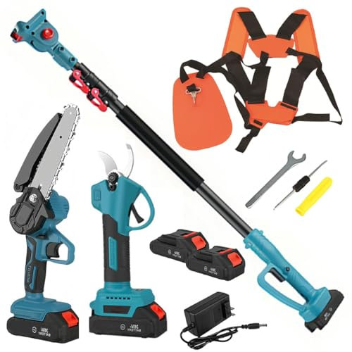 Scie à Poteau sans Fil 3 - en - 1 avec 2 Batteries, kit combiné de Coupe avec scie à Haute Branche Extensible de 2,5 m et scie à chaîne sans Brosse, Coupe Longue Distance pour la Taille des Arbres de