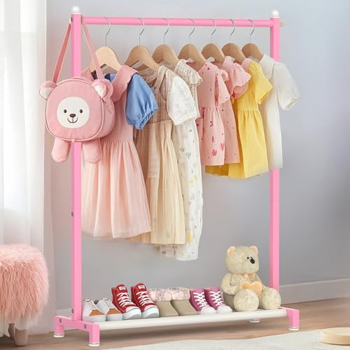 Livilord Kinder-Kleiderständer mit unterem Aufbewahrungsregal, Metall-Kleiderständer für Kinder, freistehend, Tanzkostüm, Kleiderständer zum Aufhängen von Kleidung, Rosa