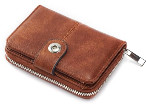 ANYWN Geldbörsen Damen mittelgroß, Portemonnaie Damen mit Kartenfächer und Großes Zipper Münzfach, RFID-blockierende Geldbeutel Frauen mit Reißverschluss und Druckknopf Retro-Braun