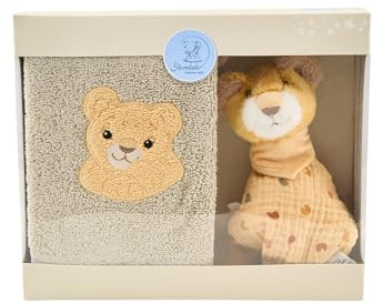 Sterntaler Geschenk Set Löwe Leo – weiches, saugfähiges Kinderhandtuch mit Applikation & kleines Schmusetuch aus weichem Musselin mit Rassel – ab Geburt - Geschenk zur Babyparty