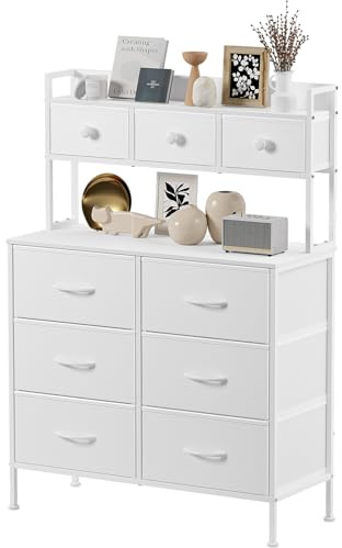 Mintnook Commode, Meuble de Rangement, Commode Chambre à 9 Tiroirs, Meuble de Chambre à Poignées, Poignée Facile, Cadre en Métal (Blanc)