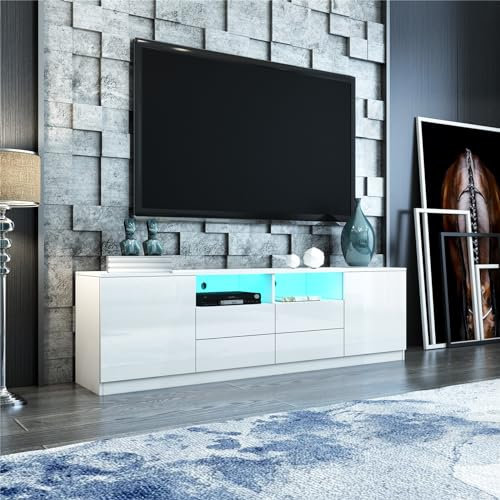 Moderner TV-Ständer mit LED-Lichtern, 180 cm, 4 Schubladen und 2 Türen, für Schlafzimmer, Wohnzimmer, Wohnmöbel, Weiß