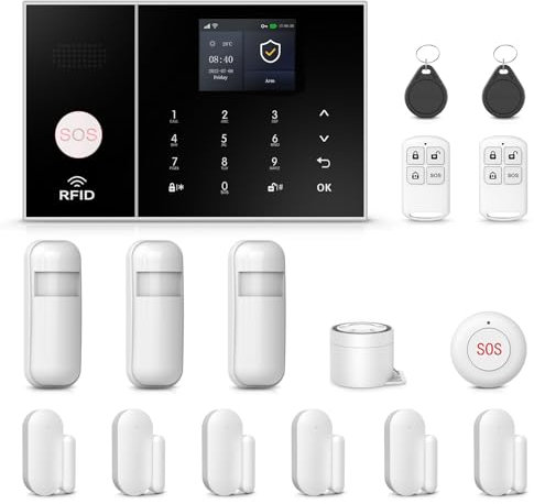 PGST Alarme Maison sans Fil DIY 16 pièces-4G/WiFi/GSM Alarme Maison et écran LCD 2,4 Pouces,6 Capteurs de Porte/fenêtre + 3 Détecteurs de Mouvement, Alarme 120 DB，Compatible Tuya/Smart Life/Alexa