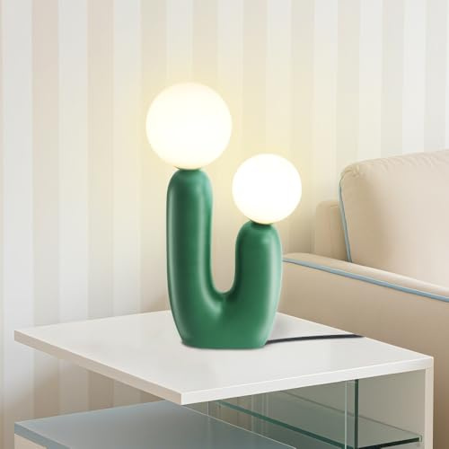 TONGNIDA LED Table Lamp Cute Cactus Bedside Lamps,Modern Decor Mushroom Bed Side Lamps for Bedroom,Green Resin Desk Lamp with 2 Globe Lampshades,Funny Gifts for Kids Family,G9 Base