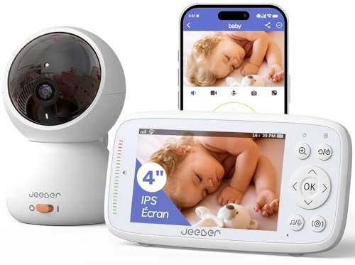 jeeber 1080P WiFi Babyphone Caméra Bébé, avec App, écran IPS 4, PTZ 360° | HDR Vision Nocturne, Audio bidirectionnel, Babyphone Connecté Smartphone, Détection des pleurs & température, Longue Portée