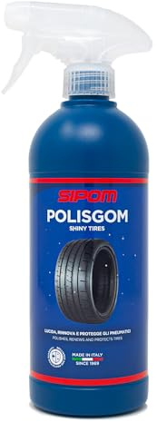SIPOM POLISGOM Lucida Gomme Auto Spray Professionale Rinnova Pneumatici Fascioni e Plastiche Esterne Lucidante Protettivo Ridona Elasticità Brillantezza, Evita Screpolature 500ml Made in Italy