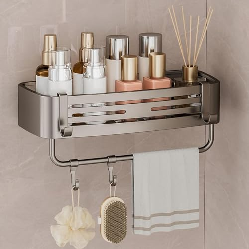 Duschablage Saugnapf - Duschablage ohne Bohren mit 6 Haken und Aufhängestange, 10kg Tragfähigkeit, Abnehmbare, Rostfreie Aluminium Regal, Organizer Ohne Bohren für Badezimmer Küche Shampoo Halterung