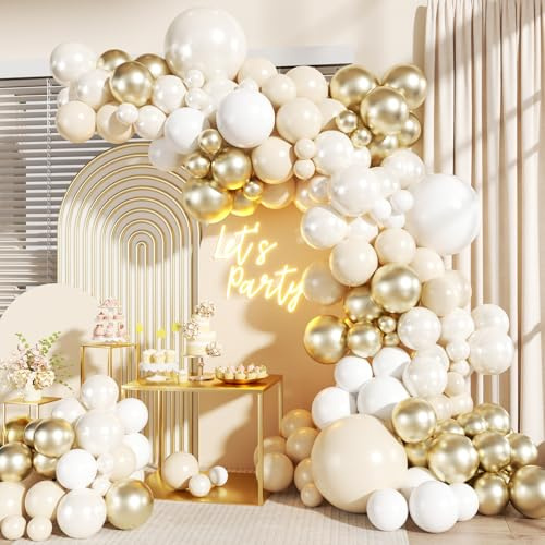 JOYFLOAT White and Gold Balloon Garland Arch Kit, Pearl White Chrome Gold Balloons for Birthday Wedding Baby Shower Bridal Gender Reveal Party Decorations