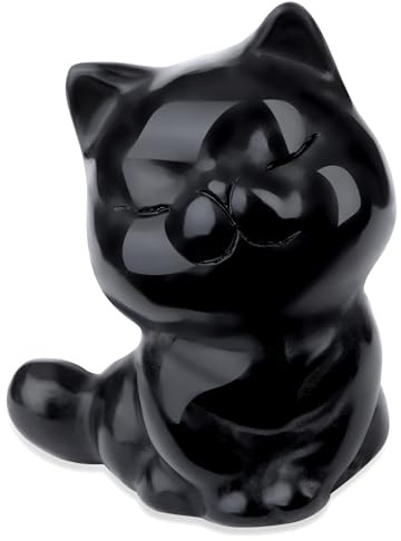 Sahoottie Black Obsidian Crystal Cat Figurine for Cat Lovers Cute Healing Crystal Closed Eye Cats Ornament Black Cats Statue for Women Home Office Desk Decor, Lucky Kittens Gifts 2
