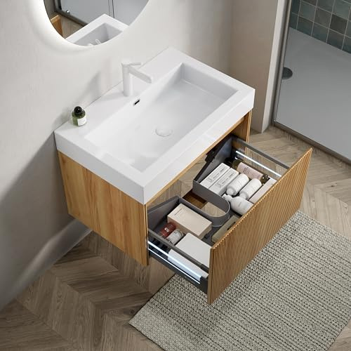 FAYICIC Lavabo da parete da bagno, 70 cm, con vasca rettangolare in resina bianca, in compensato a righe, con cassetto, venature del legno naturale, colore (70 x 46 x 50 cm)