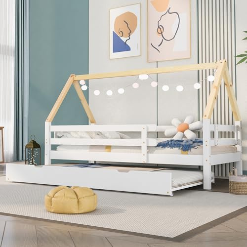 BXEYXE Baumhausbett. Tagesbett. Einzelbett. Kinderbett. Ausziehbett. Schiebebett mit Rollen unten. Massivholz. weißes Bett. naturfarbener Dachstuhl (90x200 & 90x190CM)