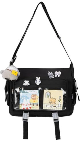 Kawaii Crossbody Ita Bag for Women with Pin and Plush Penguin, Cute Messenger Bag Japanese Crossbody Bag Y2K Purse Black Fit 15.6 Inch Laptop