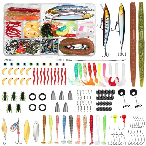 Vicloon Fishing Lures Mixed, 123Pcs Fishing Bait Lure Gear Kit Including Crankbaits, Spoon, Hooks, Poppers, Minnows, Sequins, Rotating Sequins, Simulated Worms, Earthworms, Crickets and Tackle Box