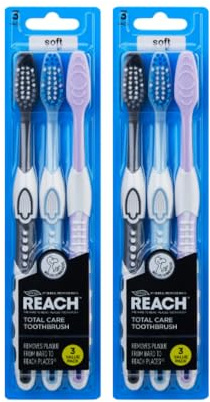 REACH Total Care - Cepillo de dientes suave, paquete de 2 x 3 (6 cepillos), cabeza compacta con cerdas en V, limpiador de lengua y agarre antideslizante, elimina la placa, suave con los dientes