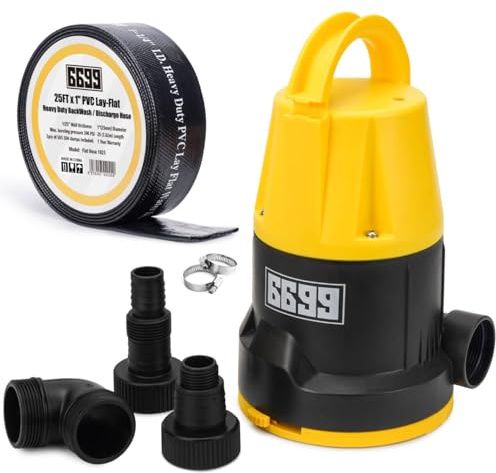 6699 Submersible Sump Pump 5000GPH High Flow with 25FT x 1-1/2” Discharge Hose Drain Water Pump Kit 1HP Portable Utility Pump Easy to Use for Flooded Basement Rain Barrel