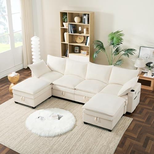 Merax Ecksofa L-förmiges Sofa Modulares 4-Sitzer Couch mit multifunktionalem Fußhocker (L/U-Form), USB-Anschlüssen, Staufächern und Getränkehaltern, Cordbezug, Beige