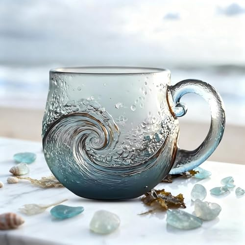 PGonline 300ml Sea Glass Wave Mug Handmade, Ocean Design Mug for Coffee Tea and Beverages, Sea Glass Gifts for Beach Lovers and Home Decor, Dishwasher Safe,Glass Cup with Wave Art Pattern