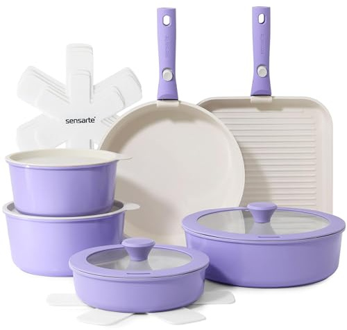 SENSARTE Kastrullset i 17 delar med avtagbara handtag, non-stick i keramik, kompatibel med induktion och gas, inkluderar stekpannor, grytor och grill, staplingsbar och diskmaskinssäker