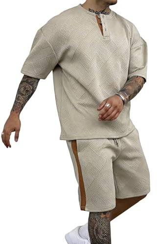 Remxi Mens 2 Piece Tracksuit Set Jacquard Henley Shirt Short Sets Casual Jogging Suits Summer Matching Sets