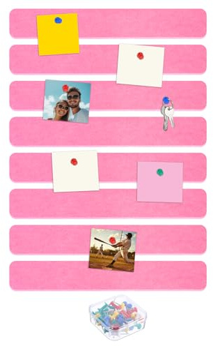 QUARKZMAN 8 Pcs Tiras De Tablero De Corcho De Fieltro Con 40 Pcs Chinchetas 13 X 2 Tiras Autoadhesivas Para Pared Decoración Pegar Notas Fotos Horarios Rosa