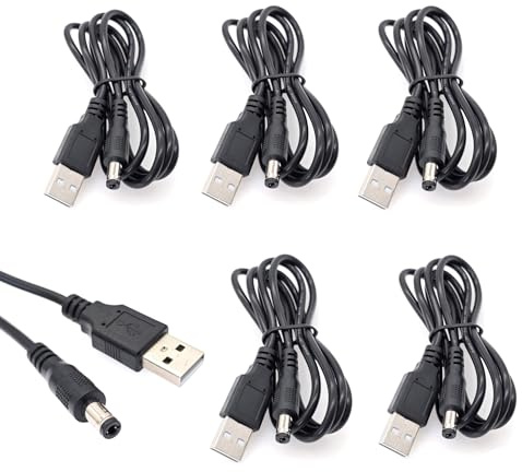 JZK 5x Cavo alimentazione USB A a DC 5 V nero con jack cilindrico da 5.5 x 2.5 mm, cavo ricarica USB maschio a DC 5.,5 x 2.5 mm, cavo ricarica ricambio per DVR, mini ventola, telecamera