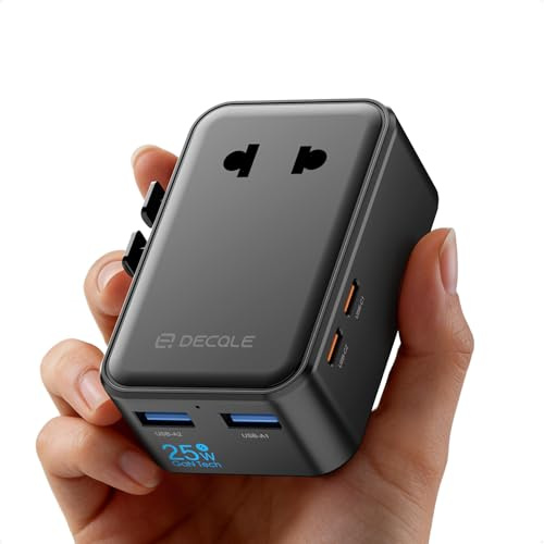 decqle “Air” Universell Reseadapter med 2 USB-C(PD 25W) ＆ 2 USB-A | Internationell Reseadapter, INGEN Spänningsomvandlare, för Tyskland, USA, England, Australien ＆ 200+ Länder (Svart)