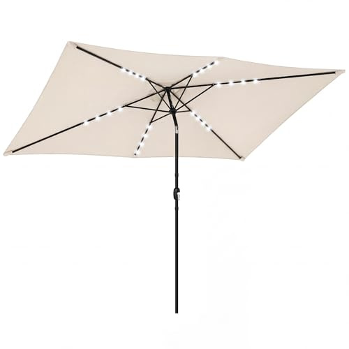 Outsunny Parasol solaire à LED - Environ 300 x 200 cm - Inclinable - Avec housse de manivelle - Protection UV - Rectangulaire - Pour jardin, balcon, terrasse - Blanc crème
