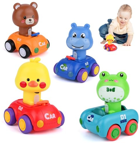 4 Piezas Coches de Carreras de Animales, Coches para Niños Juguetes Regalo para Niños 1 2 3 Años, Juguetes de Coche Press and Go, Juguetes Educativo, Regalo Ideal para Navidad, Cumpleaños