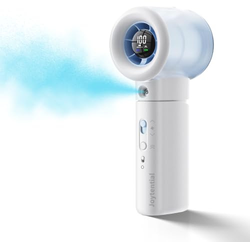 Joytential Ventilador Portátil con Nebulizadorde, Turbo Ventilador de Mano Potente con Pulverizador de Niebla, Velocidad 1-100, USB Recargable, Ventilador Personal para Al aire libre, Viajes, Blanco