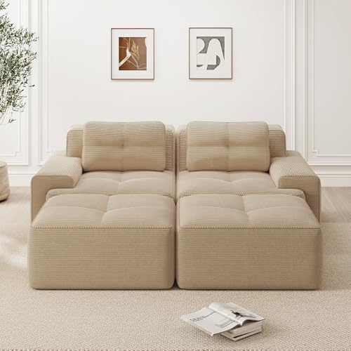 DACHETOU Cloud Modulsofa Boneless U-förmiges Sofa, Beige, Bequemes Corduroy-Cloud-Sofa, mit Ottoman, Modulares Zweisitzer, 2-Sitzer, mit Tiefem Sitz für Wohnzimmer, Montagefreies