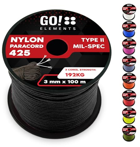 GO!elements Paracorde en Nylon indéchirable 3mm – Type II Paracord 425, Ligne Multifonction extérieure et de Survie, Charge Max. 192kg
