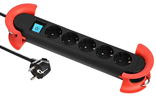 Electraline 62046, Bloc Multiprise Professionnelle avec 5 Prises Schuko, Câble de 5 M, avec 2 Crochets pour Accrocher la Base Noir