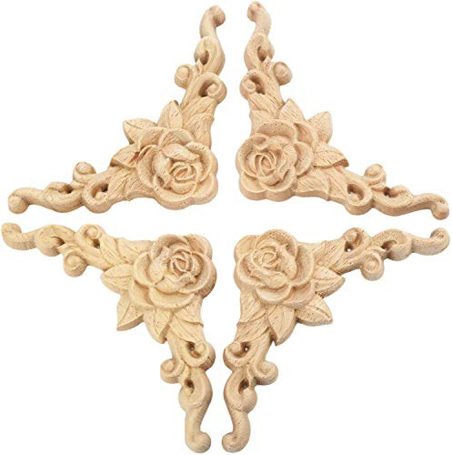 MUXSAM 4Pcs Rose Carved Appliques Onlays Crafts Addition, 15x15cm/5.9 x5.9, Excellent Wood Detail Unpainted Ornament Piece for Wall Door Ceiling Table Bed Cabinet Mirror Dresser Drawer