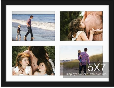 Golden State Art, 12x16 Black Wood Collage Picture Frame - Picture Frame with White Mat Displays Four 5x7 Photos - Collage Frame - Tempered Glass, Sawtooth Hanger, Swivel Tabs - Wall Mounting
