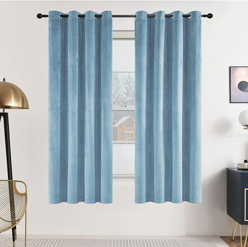 SNITIE Tende in velluto blu cielo lunghe 160 cm con occhielli, super morbide, riduzione del rumore, spesse tende in velluto per soggiorno e camera da letto, set di 2 pannelli, 132 x 160 cm di