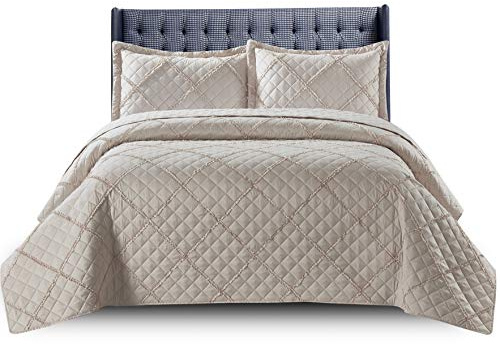 PHP Quilted Bedspread Bed Throws for Room Decor - Quilted Fabric Embossed Striped Pattern Ruffle Design Reversible Quilt Bedspreads Coverlets with Hypoallergenic Pillow Cover (Single, Ruffle Mink)