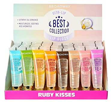 Ruby Kisses Broadway Vita-Lip Clear Lip Gloss (48 Pack), Ultra-Hydrating & Soothing Formula with Vitamins, High-Shine Non-Sticky Finish Lip Balm with Mint, Rosehip, Coconut, Mango, Argan, Honey, Shea