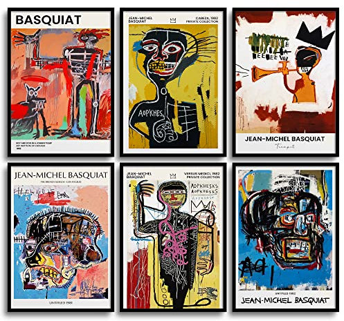 MONOKO® Basquiat - Set di immagini astratte, poster vintage, rétro, stampe artistiche da parete, per soggiorno, 6 x A4, senza cornice