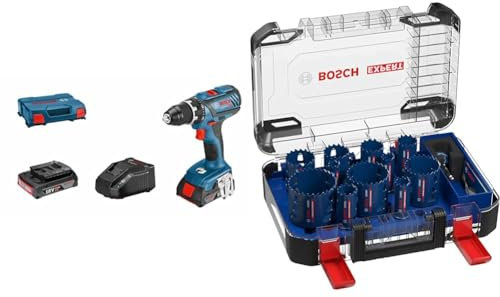 Bosch Professional Akku-Bohrschrauber GSR 18V-28 (inkl. 2x2,0 Ah Akku, Ladegerät GAL 18 V-20, L-Case) + 14 tlg. Expert Tough Material Lochsäge Set (für Holz mit Metall, Ø 20-76 mm, Zubehör)