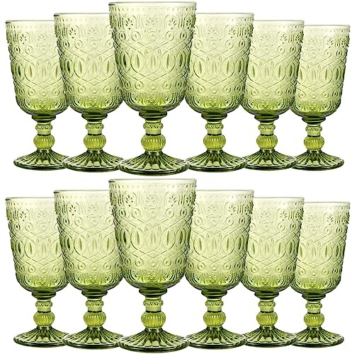 Eaasty Wine Glasses Set of 12 Vintage Goblet 9 oz Vintage Colored Glass Goblet Beverage Stemmed Glass Cups Romantic Embossed Glassware for Wedding Party Holidays Anniversary (Green)