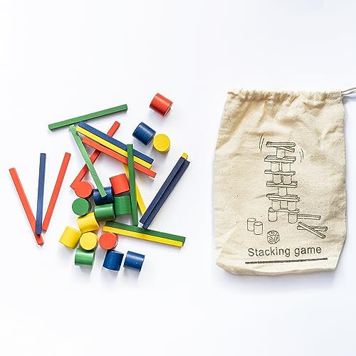 Chinchilla® Stacking Gioco di abilità | Multicolore | 16 bastoncini e coni | 1 cubo di legno | istruzioni incluse in sacchetto di cotone ecologico | legno sostenibile