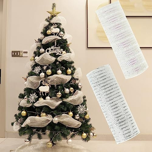 TSLBW Lot de 2 Rouleaux de Ruban de Noël en Maille, 26 CM Rouleaux de Filet pour Décoration, Couronnes de Sapin de Noël, Nœuds, Guirlande (Blanc)