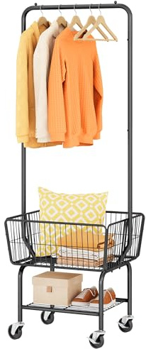 Tajsoon Laundry Cart with Hanging Rack, Metal Laundry Basket with Wheels, Laundry Hamper with Storage Basket and Shelf, Rolling Laundry Cart with Wheels, Black