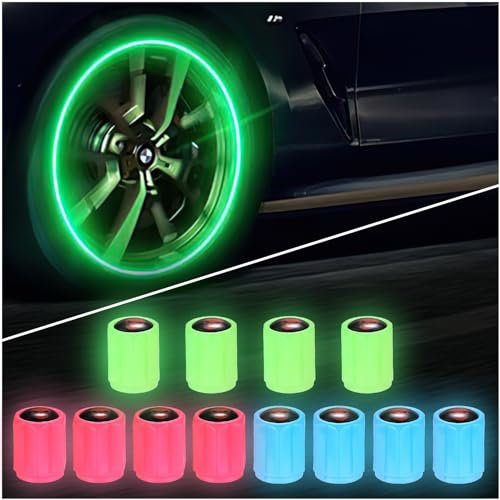 Cappucci Valvole Luminosi Auto, 12 Tappi Valvola Pneumatici Auto Fluorescente, Universali Teschio Coperchio Tappi Valvole Luminosi Auto, Tappi Cappucci Stelo Valvola Pneumatico per Auto Moto Bici