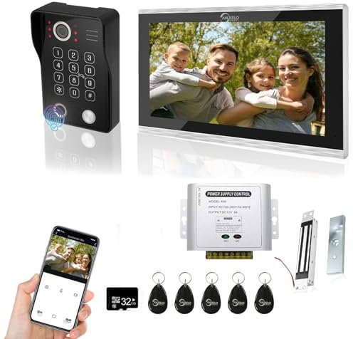 ANJIELO SMART Video Door Phone intercom, 10 Inch Touch Monitor with Wired 1080P doorbell System, Supports Fingerprint, RFID Card, Password, with electromagnetic Lock, Use with TUYA APP