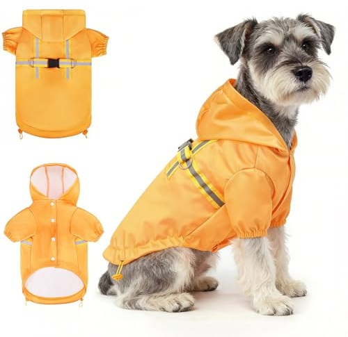 BEAUTYZOO Regenmantel mit integriertem Geschirr für kleine und mittlere Hunde – Wasserechte Hunderegenkleidung mit Kapuze und Reflektorstreifen für regnerische oder schneereiche Tage
