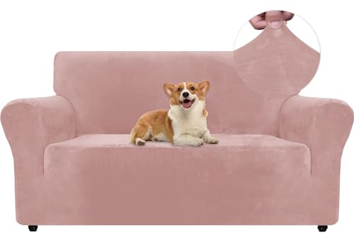 Ystyle Elastischer Samt Sofabezug 2 Sitzer, Rosa | Stretch Sofa Überzug, Sofaschoner Rutschfest, Couch Überzug, Sofa Cover mit Armlehnen, Sesselschoner Sofaschutz Katze