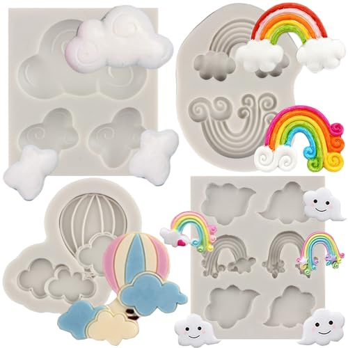 MYPRACS Rainbow Cloud Fondant Formen Heißluftballon Schokolade Silikonformen für Kuchendekoration Cupcake Topper Candy Polymer Clay Gum Paste 4 Stück, MY336CK
